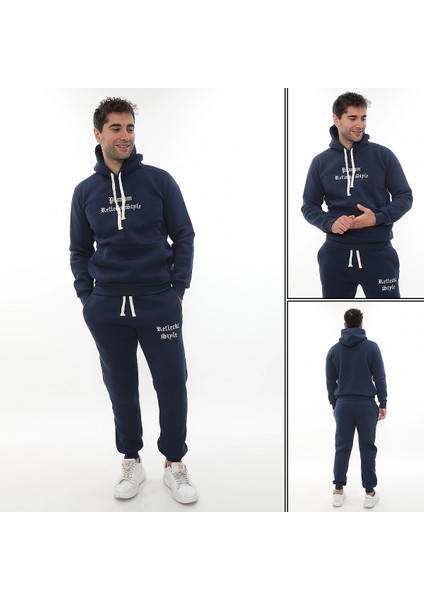 Mavi Şık Içi Polarlı Erkek Eşofman Takımı Paça Lastikli Cepli Kapüşonlu Nakış Detaylı Compact Takım indirimleri