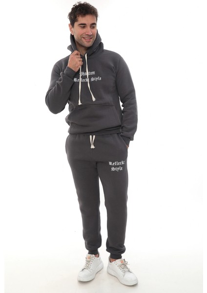 Füme Şık Içi Polarlı Erkek Eşofman Takımı Paça Lastikli Cepli Kapüşonlu Nakış Detaylı Compact Takım