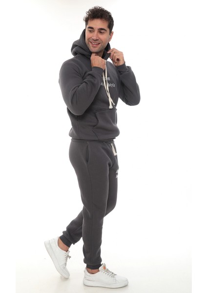 Füme Şık Içi Polarlı Erkek Eşofman Takımı Paça Lastikli Cepli Kapüşonlu Nakış Detaylı Compact Takım fiyatları