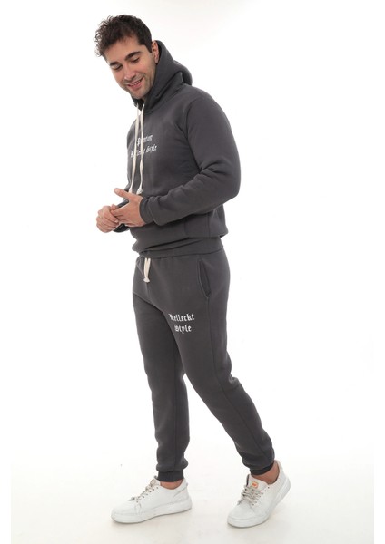 Füme Şık Içi Polarlı Erkek Eşofman Takımı Paça Lastikli Cepli Kapüşonlu Nakış Detaylı Compact Takım fırsatları