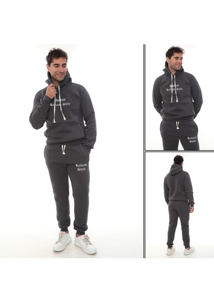 Füme Şık Içi Polarlı Erkek Eşofman Takımı Paça Lastikli Cepli Kapüşonlu Nakış Detaylı Compact Takım indirimleri