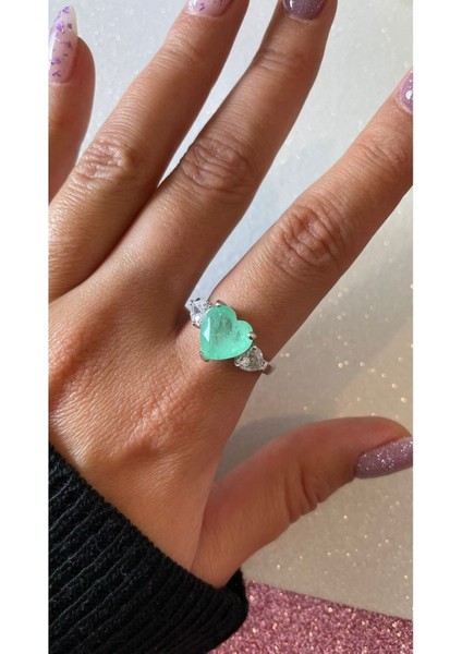 Beyaz Altın Kaplama Su Yeşili Paraiba Taşlı Kalp Montür Yüzük 925 Ayar Gümüş Yüksek Kalite Üretim