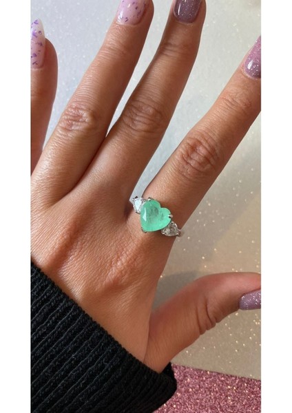 Beyaz Altın Kaplama Su Yeşili Paraiba Taşlı Kalp Montür Yüzük 925 Ayar Gümüş Yüksek Kalite Üretim fiyatları