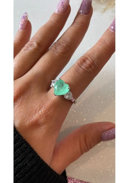 Beyaz Altın Kaplama Su Yeşili Paraiba Taşlı Kalp Montür Yüzük 925 Ayar Gümüş Yüksek Kalite Üretim modelleri