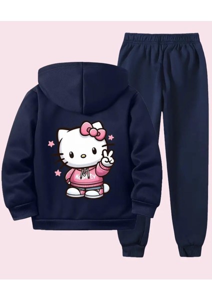 Punıx Kıds Hello Kıtty Baskılı Yüksek Kalite Kışlık 3 Iplik Kalın Kız Çocuk Eşofman Takımı