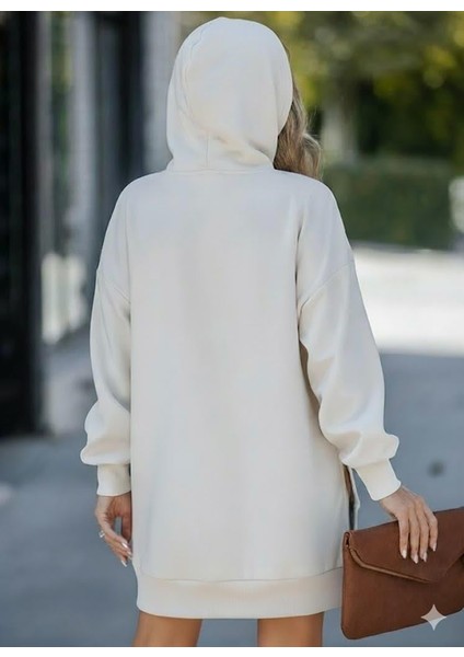 Kadın Oversize Kapüşonlu Sweatshirt Yan Fermuar Detaylı Uzun Kollu Ekru Tunik modelleri