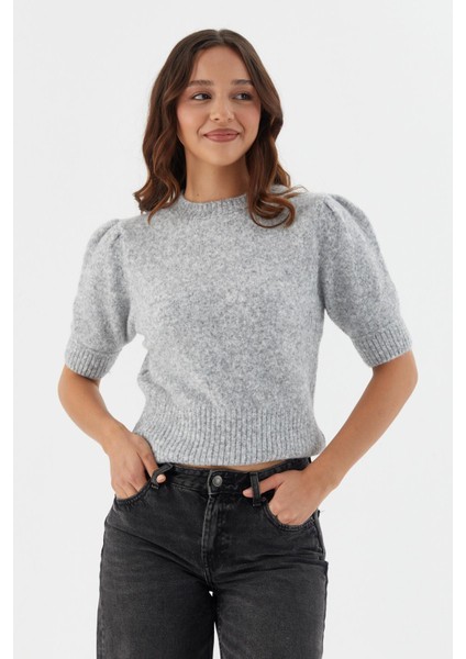 Kısa Balon Kol Triko Bluz Grı