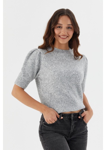 Kısa Balon Kol Triko Bluz Grı modelleri