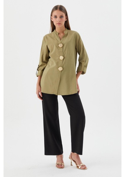 Tasarım Düğmeli Tunik Gömlek Hakı