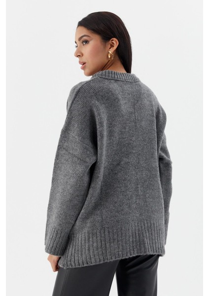 V Yaka Oversize Kazak Antrasıt indirimleri