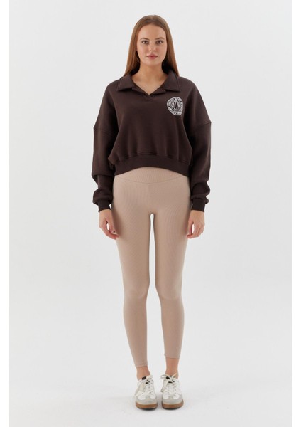 Polo Yaka Şardonlu Sweatshirt Kahve modelleri