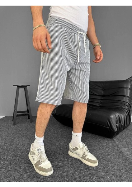 Su Yolu Çizgili Ön Arka Cepli Şort Yazlık Nefes Alabilir - Gri
