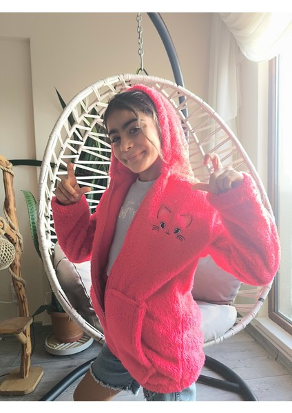 kız Çocuk Peluş Polar Hırka Kapşonlu Fermuarlı Cepli Pembe Beyaz Siyah Mor Gül Kurusu !!!dar Kalıp