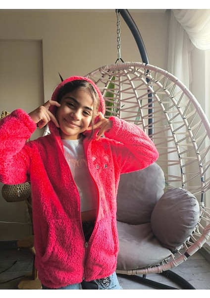 kız Çocuk Peluş Polar Hırka Kapşonlu Fermuarlı Cepli Pembe Beyaz Siyah Mor Gül Kurusu !!!dar Kalıp indirimleri