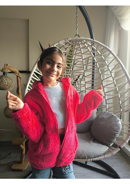 kız Çocuk Peluş Polar Hırka Kapşonlu Fermuarlı Cepli Pembe Beyaz Siyah Mor Gül Kurusu !!!dar Kalıp