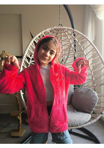 kız Çocuk Peluş Polar Hırka Kapşonlu Fermuarlı Cepli Pembe Beyaz Siyah Mor Gül Kurusu !!!dar Kalıp