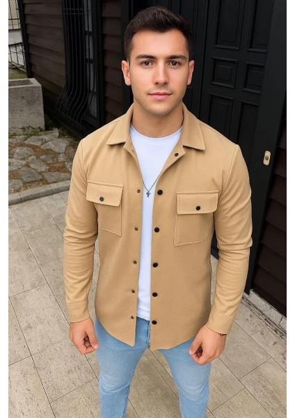 Erkek Diagonal Kumaş Cepli Çıtçıtlı Uzun Kollu, Gömlek Oversize Rahat Kalıp Günlük Şık Stil - Bej