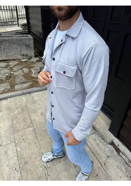 Erkek Diagonal Kumaş Cepli Çıtçıtlı Uzun Kollu, Gömlek Oversize Rahat Kalıp Günlük Şık Stil - Bej modelleri