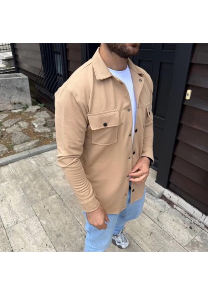 Erkek Diagonal Kumaş Cepli Çıtçıtlı Uzun Kollu, Gömlek Oversize Rahat Kalıp Günlük Şık Stil - Bej fırsatları