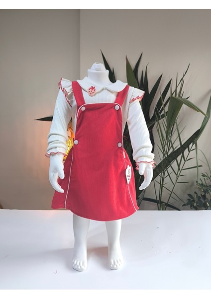 Çilek Işlemeli Bebe Yaka Fırfırlı Kız Çocuk Salopet Takımı Jile Kırmızı Fitilli Kadife Sonbahar Kış fiyatları