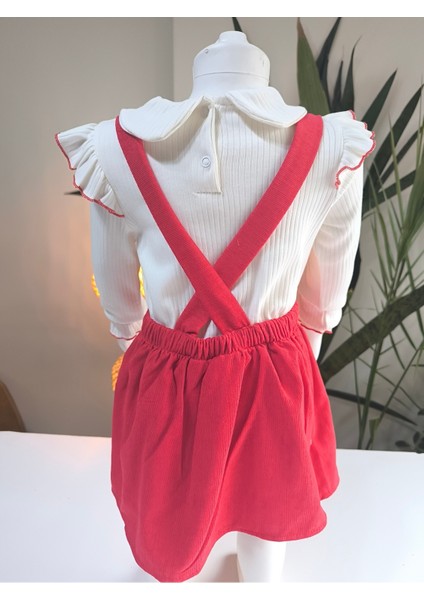 Çilek Işlemeli Bebe Yaka Fırfırlı Kız Çocuk Salopet Takımı Jile Kırmızı Fitilli Kadife Sonbahar Kış modelleri