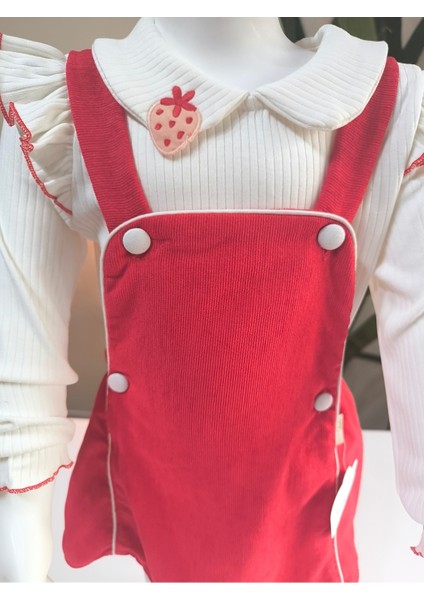 Çilek Işlemeli Bebe Yaka Fırfırlı Kız Çocuk Salopet Takımı Jile Kırmızı Fitilli Kadife Sonbahar Kış fırsatları