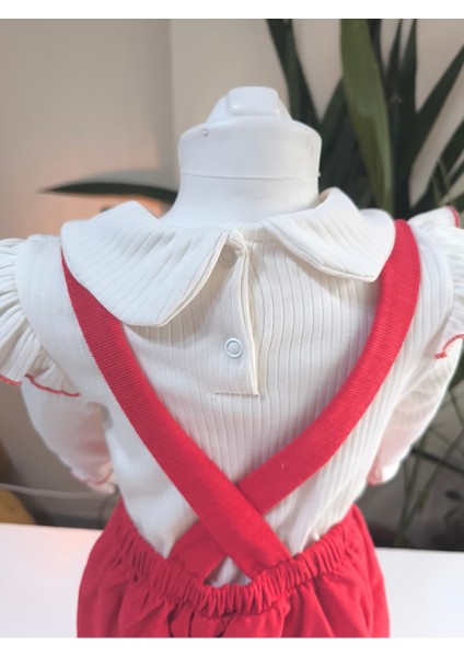 Çilek Işlemeli Bebe Yaka Fırfırlı Kız Çocuk Salopet Takımı Jile Kırmızı Fitilli Kadife Sonbahar Kış indirimleri