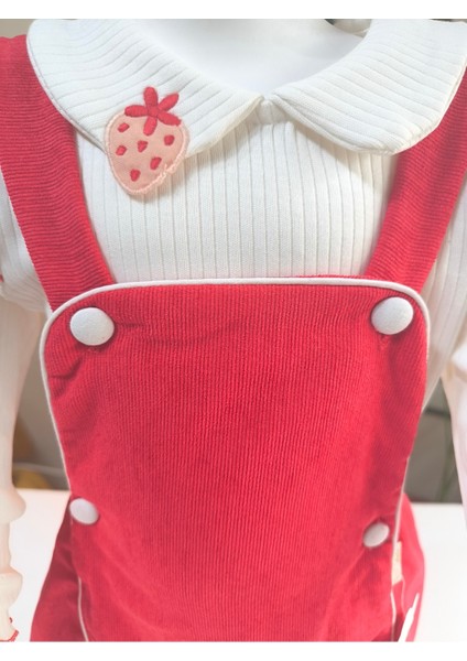 Çilek Işlemeli Bebe Yaka Fırfırlı Kız Çocuk Salopet Takımı Jile Kırmızı Fitilli Kadife Sonbahar Kış