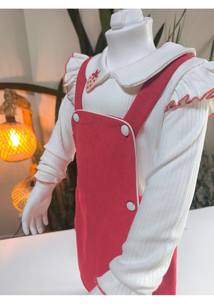 Çilek Işlemeli Bebe Yaka Fırfırlı Kız Çocuk Salopet Takımı Jile Kırmızı Fitilli Kadife Sonbahar Kış