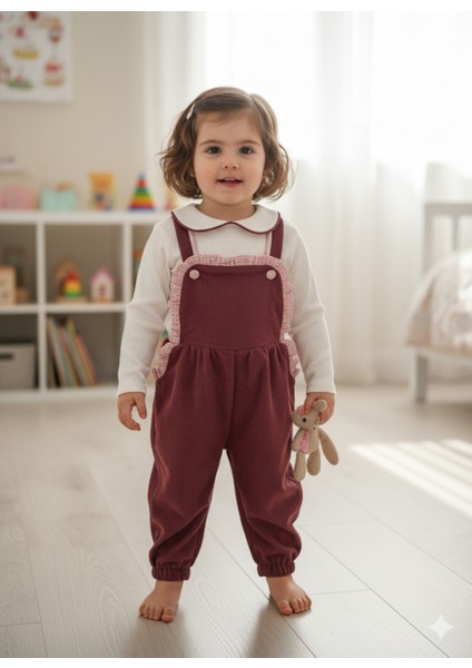 Bebe Yaka Fırfır Detaylı Fitilli Kadife Kız Çocuk Salopet Takımı Tulumlu