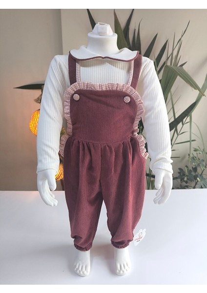 Bebe Yaka Fırfır Detaylı Fitilli Kadife Kız Çocuk Salopet Takımı Tulumlu fiyatları