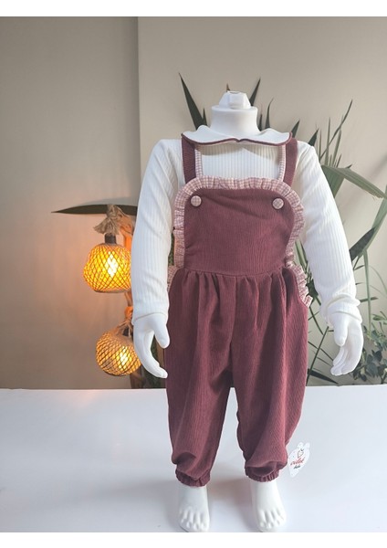 Bebe Yaka Fırfır Detaylı Fitilli Kadife Kız Çocuk Salopet Takımı Tulumlu modelleri