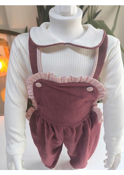 Bebe Yaka Fırfır Detaylı Fitilli Kadife Kız Çocuk Salopet Takımı Tulumlu