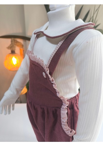 Bebe Yaka Fırfır Detaylı Fitilli Kadife Kız Çocuk Salopet Takımı Tulumlu