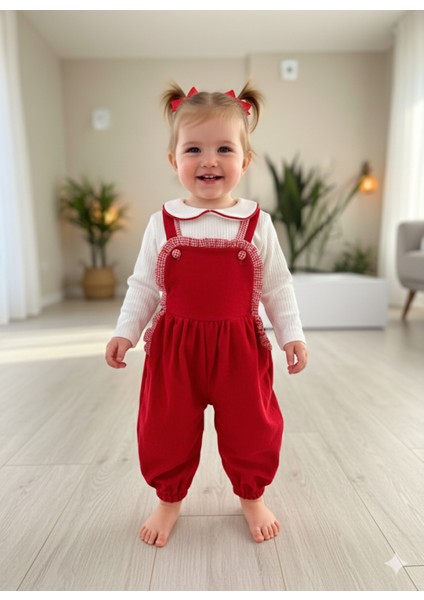 Bebe Yaka Fırfır Detaylı Fitilli Kadife Kız Çocuk Salopet Takımı Tulumlu