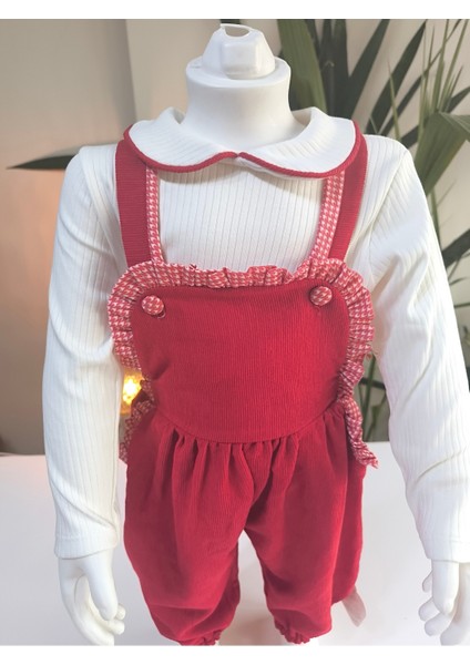 Bebe Yaka Fırfır Detaylı Fitilli Kadife Kız Çocuk Salopet Takımı Tulumlu