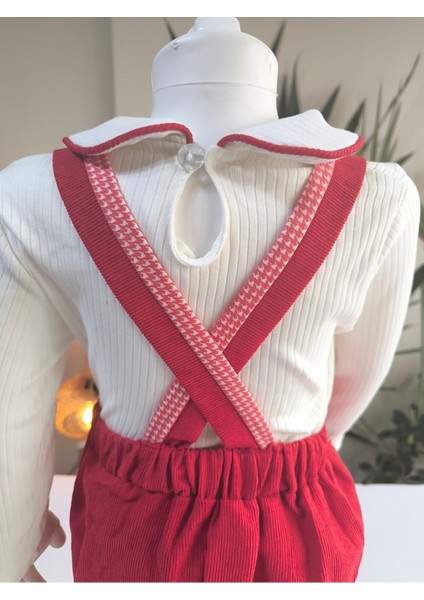 Bebe Yaka Fırfır Detaylı Fitilli Kadife Kız Çocuk Salopet Takımı Tulumlu