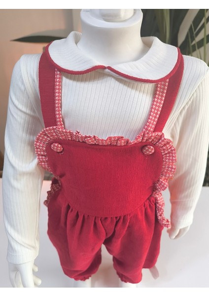 Bebe Yaka Fırfır Detaylı Fitilli Kadife Kız Çocuk Salopet Takımı Tulumlu