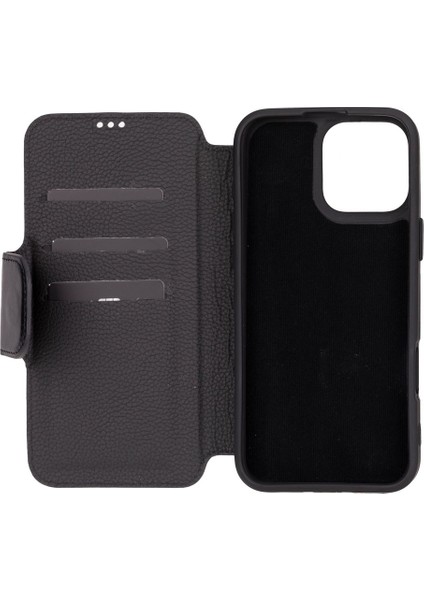 Apple iPhone 16 Pro Max Uyumlu, Hakiki Deri, El Yapımı, Cüzdanlı Kılıf, Parlak Siyah indirimleri