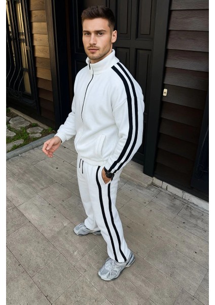 Erkek Çift Şeritli Eşofman Takım Dik Yaka Fermuarlı Sweatshirt Boru Paça Alt, Oversize 3 Iplik Pamuklu - Beyaz fiyatları