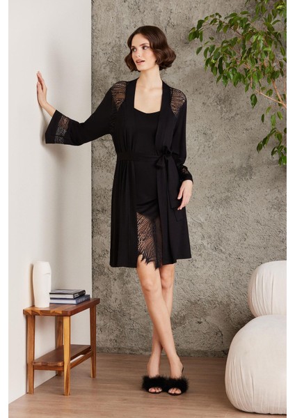 Penye Dantelli Kadın Gecelik ve Sabahlık Takım - 4015 Siyah fiyatları