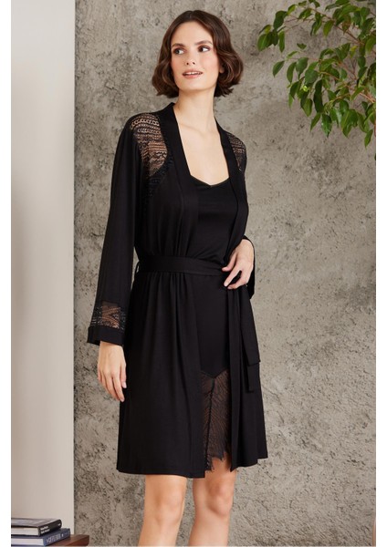 Penye Dantelli Kadın Gecelik ve Sabahlık Takım - 4015 Siyah modelleri