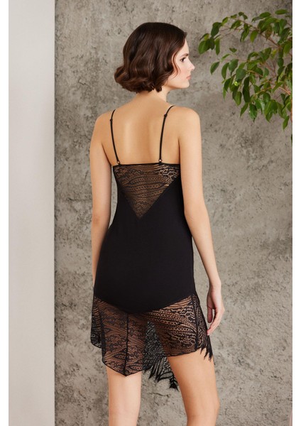 Penye Dantelli Kadın Gecelik ve Sabahlık Takım - 4015 Siyah
