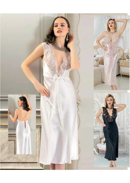 Özel Üretim Kadın Şık Rahat Dantelli Uzun Gecelik