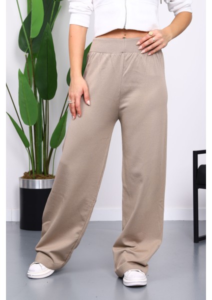 Vizon Yüksek Bel Fitilli Bol Paça Triko Pantolon