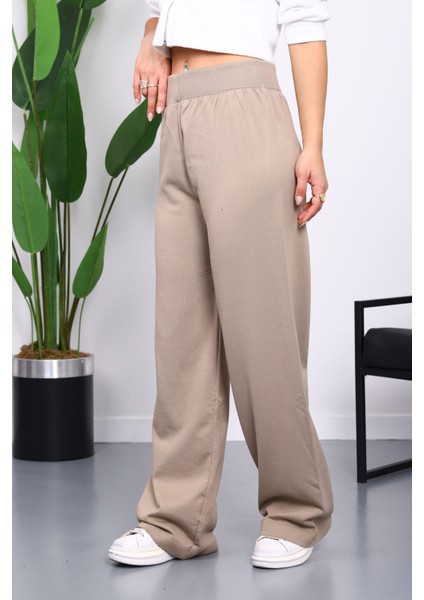 Vizon Yüksek Bel Fitilli Bol Paça Triko Pantolon fırsatları