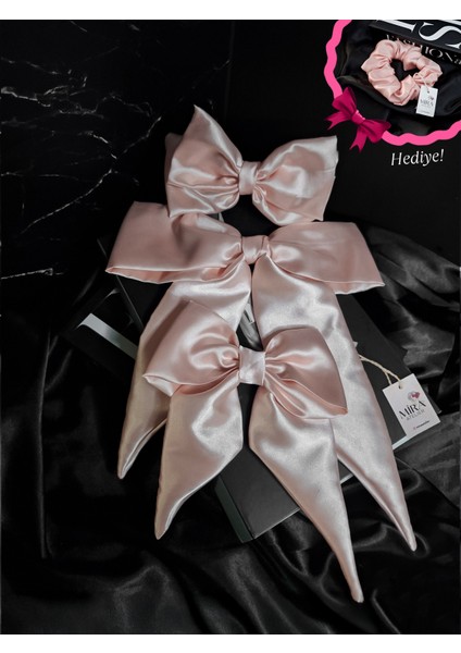 Kadın 3’lü Fiyonk Saç Tokası Seti + Scrunchie Hediyeli - Pure Somon