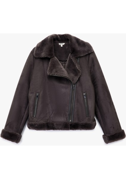 Cepli Fermuarlı Uzun Kollu Peluş Yaka Süet Görünümlü Crop Biker Ceket modelleri