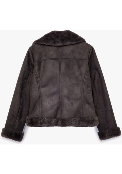 Cepli Fermuarlı Uzun Kollu Peluş Yaka Süet Görünümlü Crop Biker Ceket fırsatları