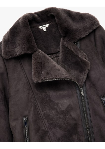 Cepli Fermuarlı Uzun Kollu Peluş Yaka Süet Görünümlü Crop Biker Ceket indirimleri